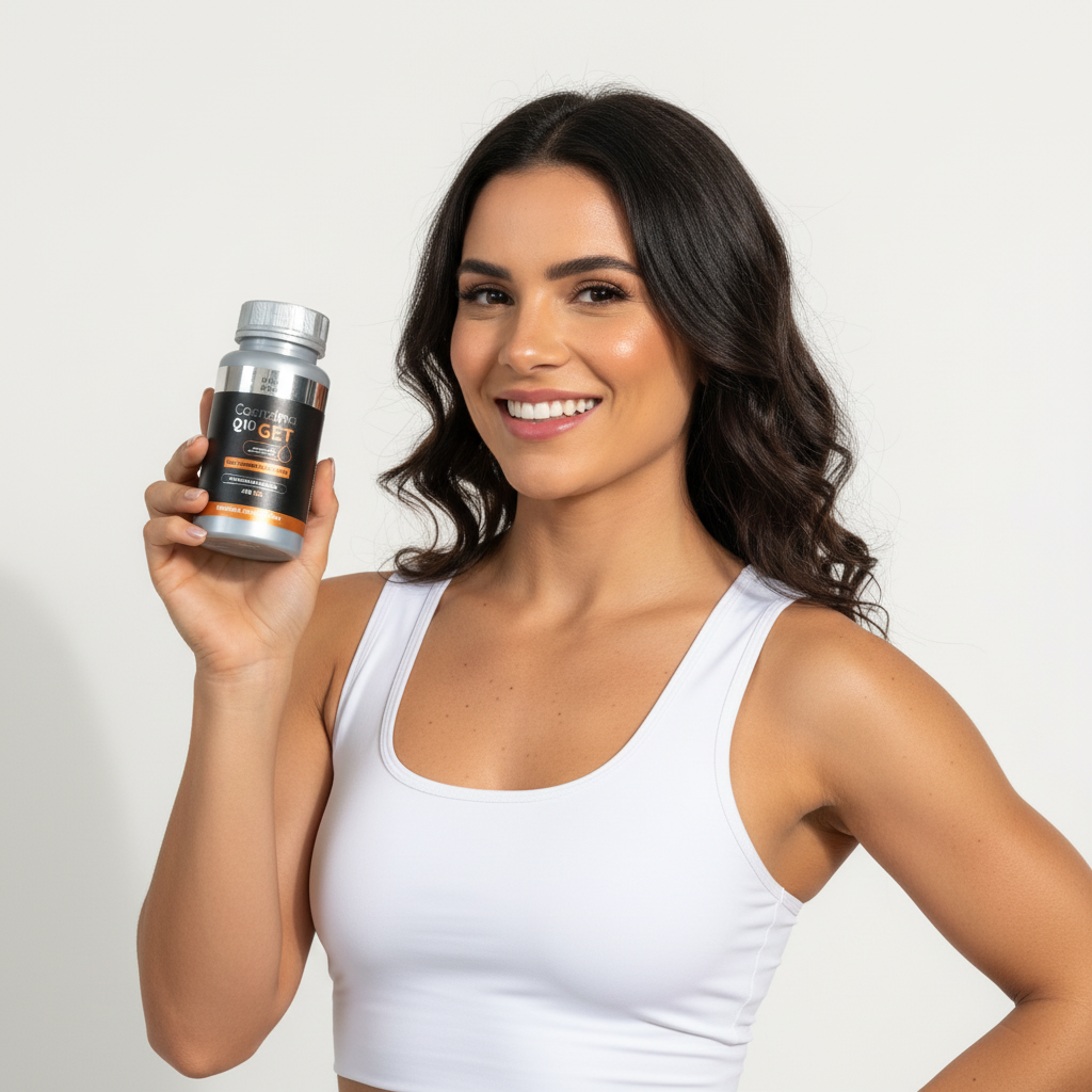 Mulher energética com Coenzima Q10