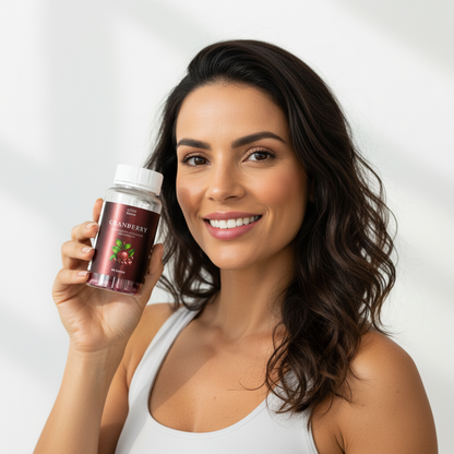 Mulher saudável segurando Cranberry 350mg