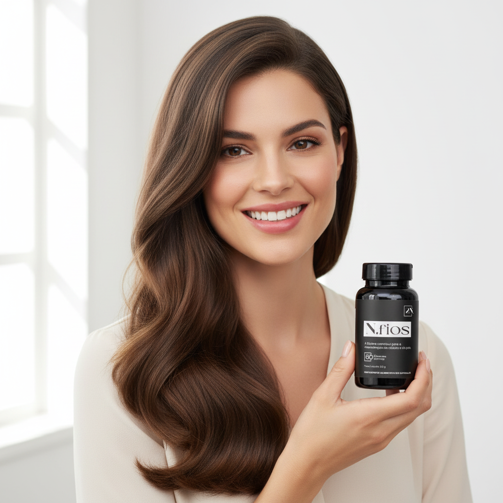 Mulher com cabelo saudável segurando N.fios